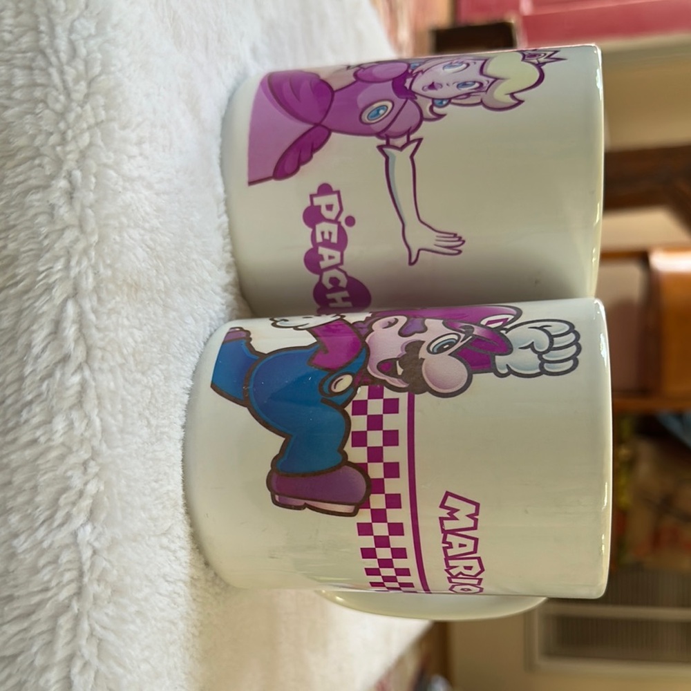 Mario and Peach Character Mugs - White and Pink